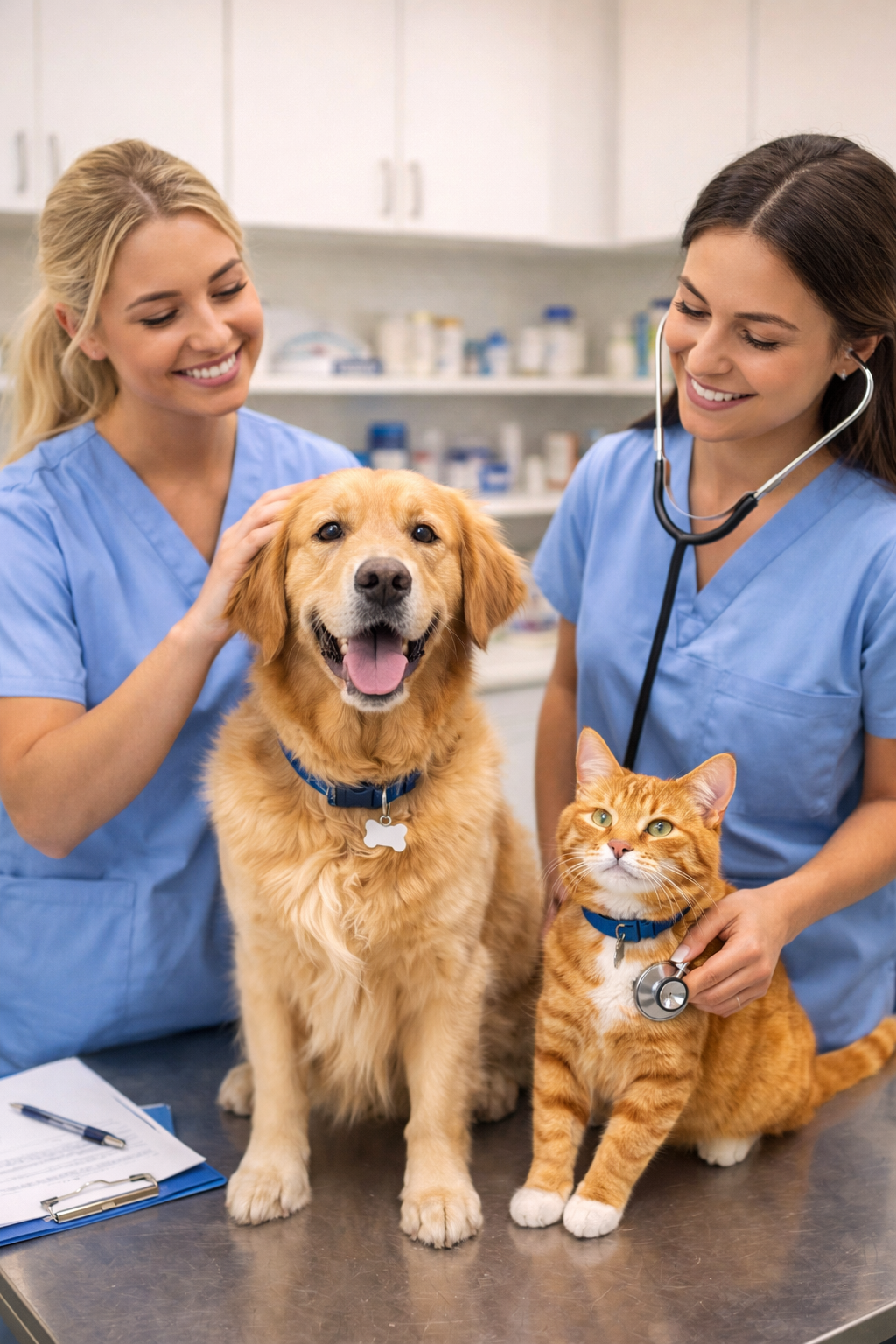 Veterinary team with dog and cat in exam room